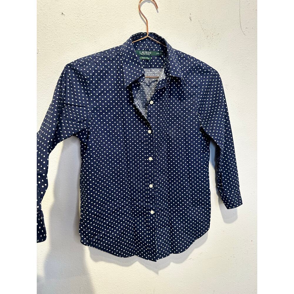 LAUREN RALPH LAUREN Navy White Polka Dot 3/4 Sleeve Button Up Shirt size P XS - Picture 4 of 7